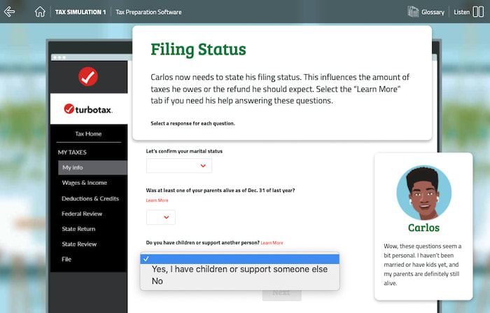 turbotax tax simulation 1 filing status course section screenshot