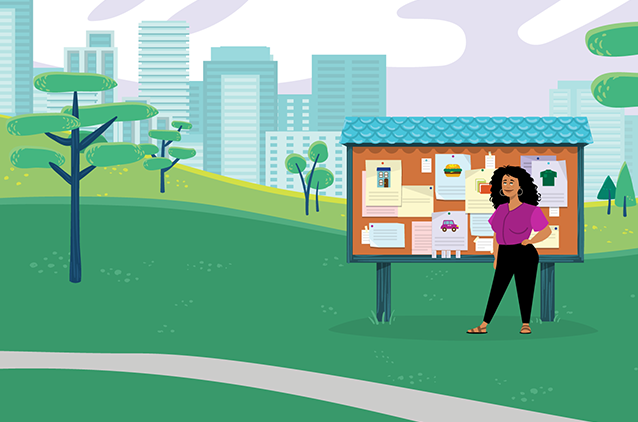 an illustration of a woman in a park in front of a bulletin board