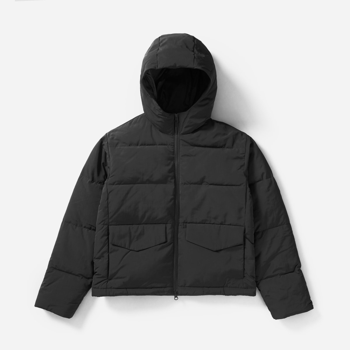 short black puffer jacket with hood