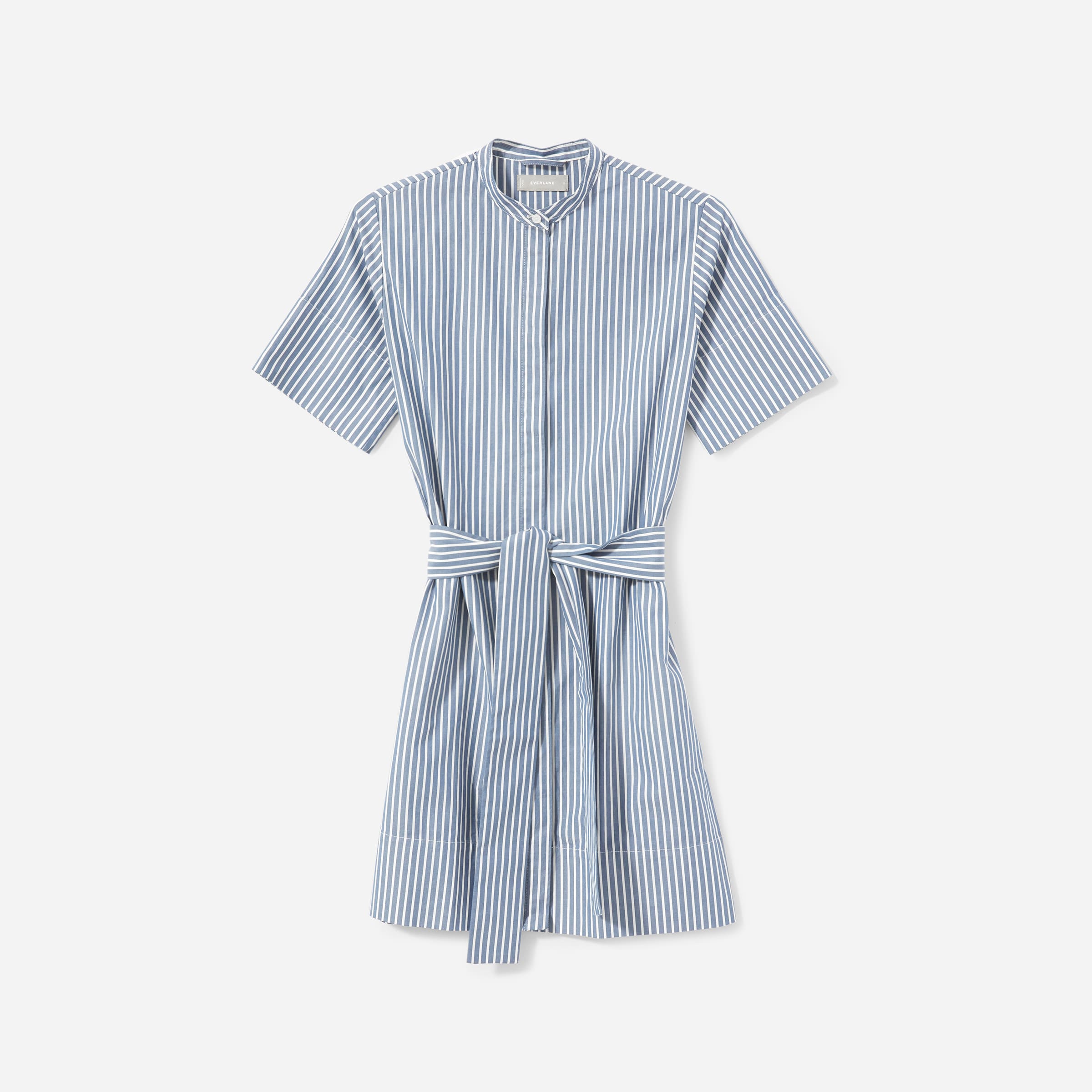 the cotton collarless belted shirtdress