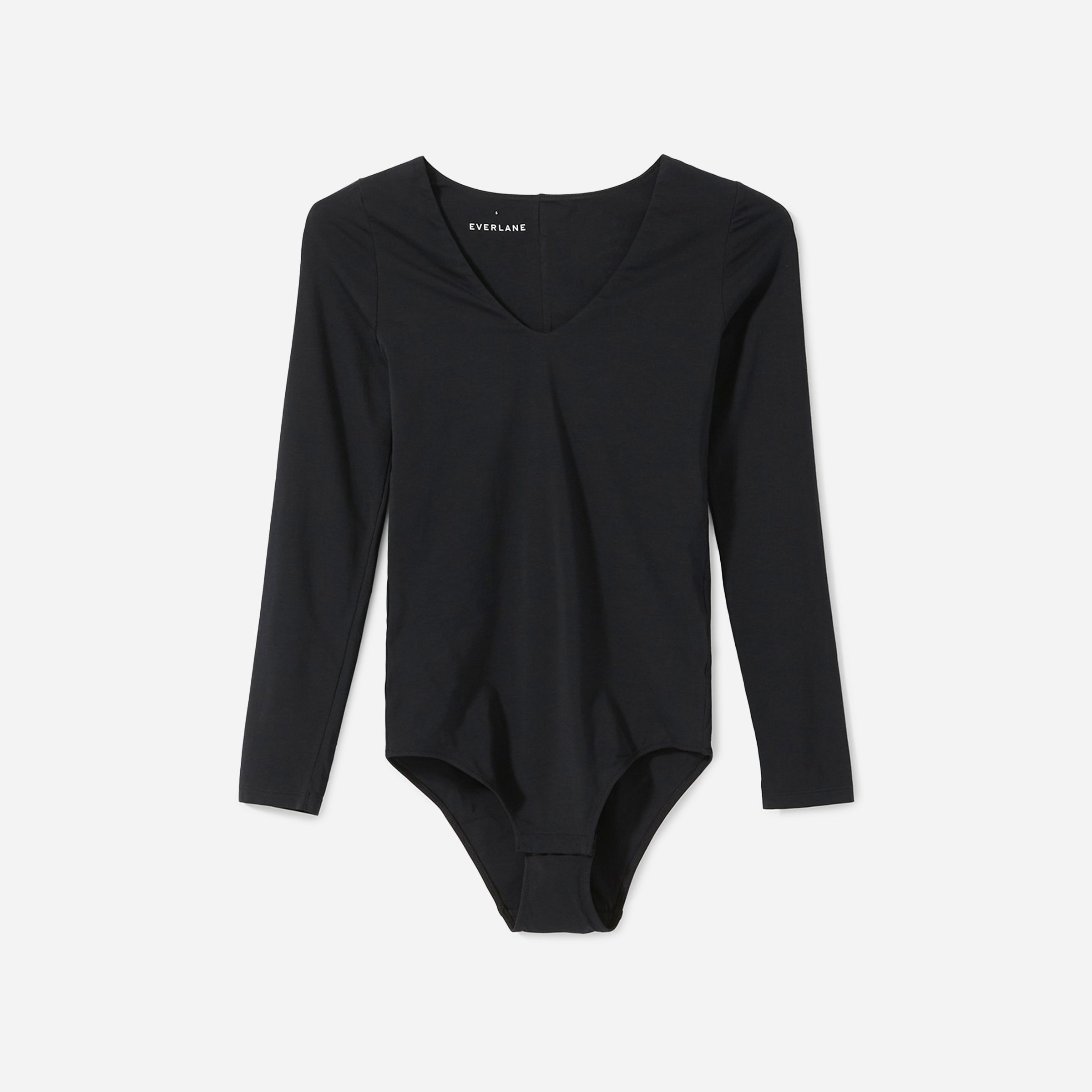 Everlane + The Long Sleeve V-Neck Bodysuit (Black/White Stripe)