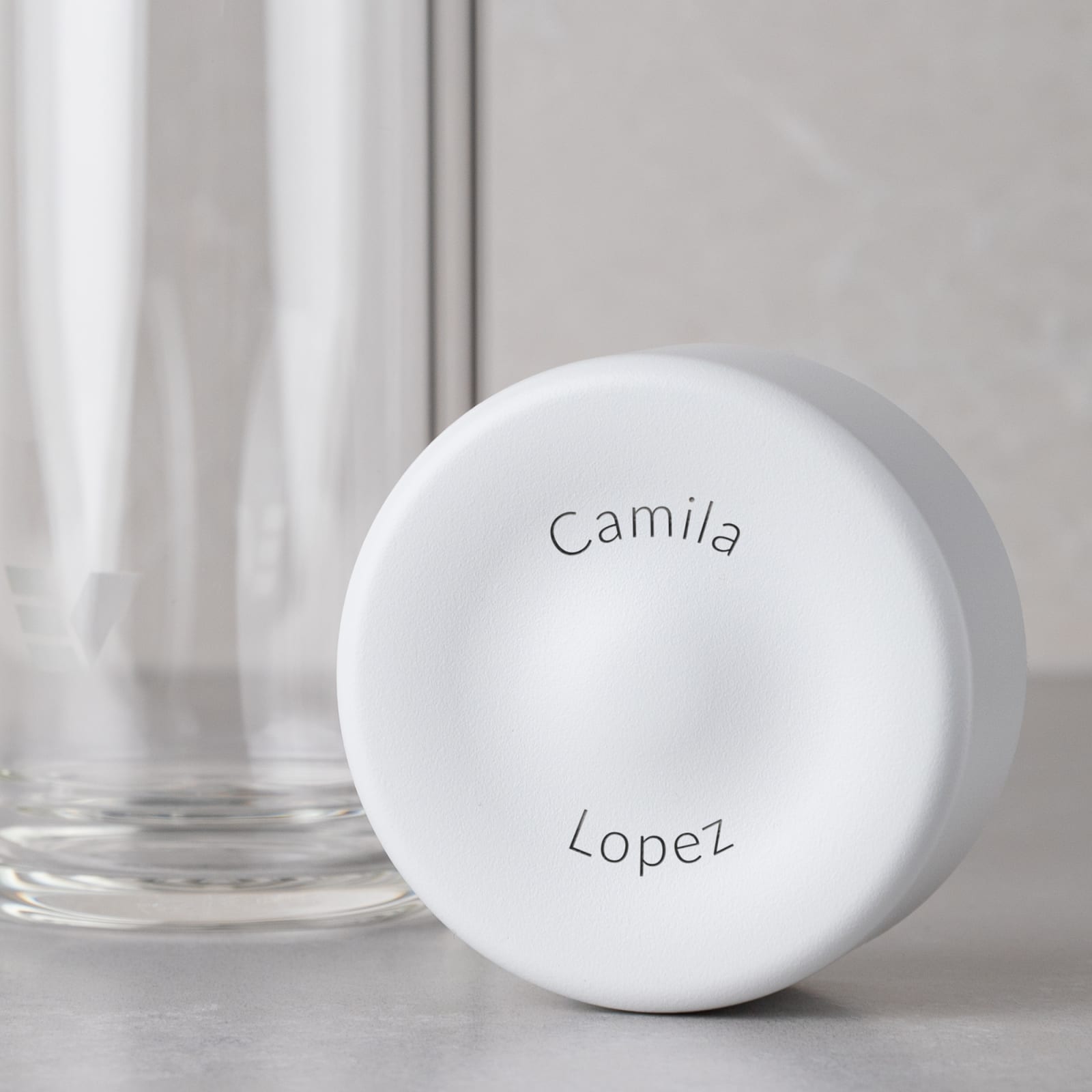 Personalized Ever Vessel Glass Multi White Sand with a name engraved on the lid