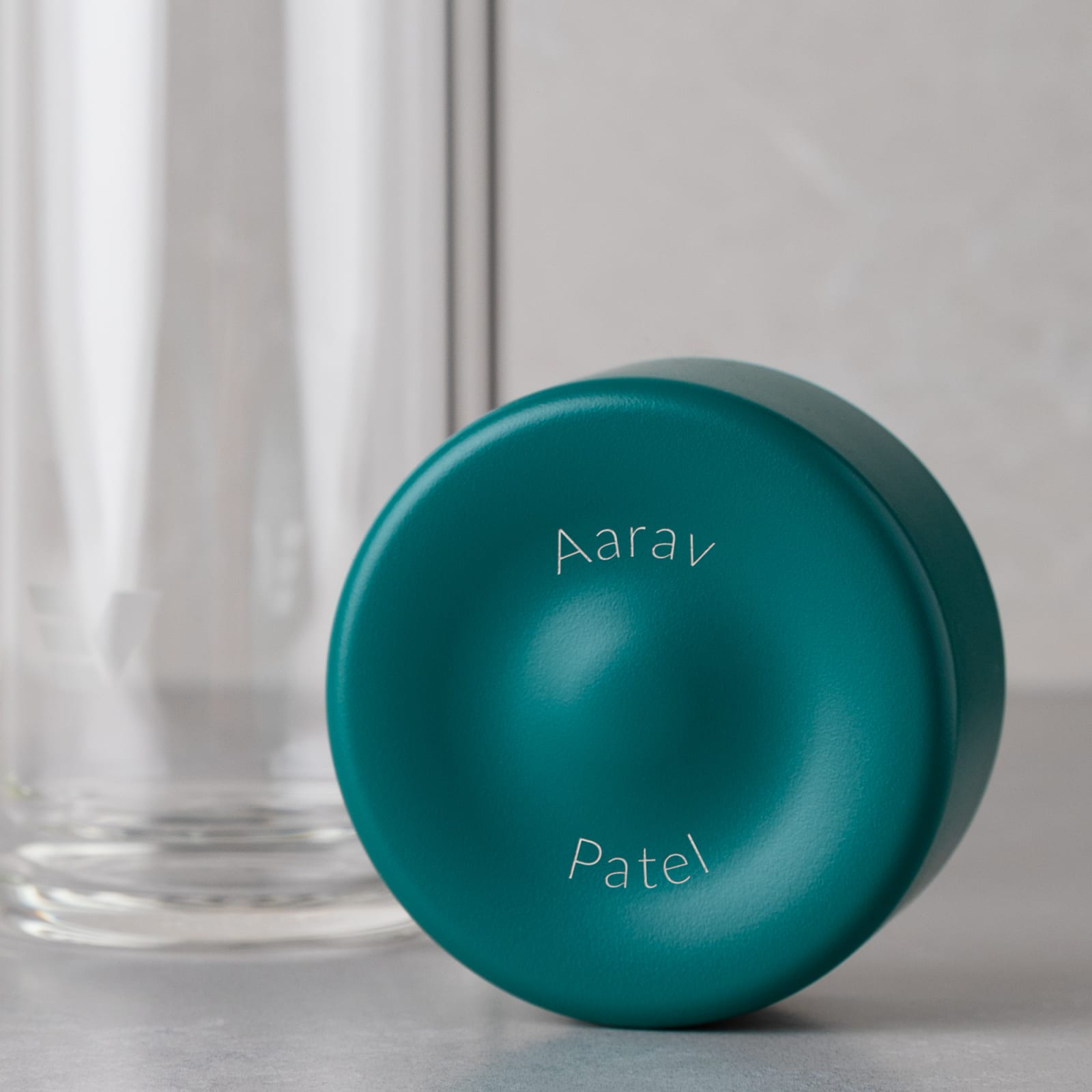 Personalized Ever Vessel Glass Multi Teal with a name engraved on the lid