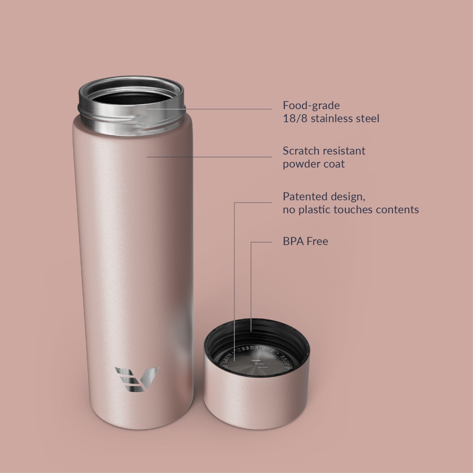 Ever Vessel Mini stainless steel water bottle key features - Rose pink