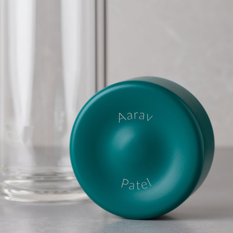 Personalized Ever Vessel Glass Multi Teal with a name engraved on the lid