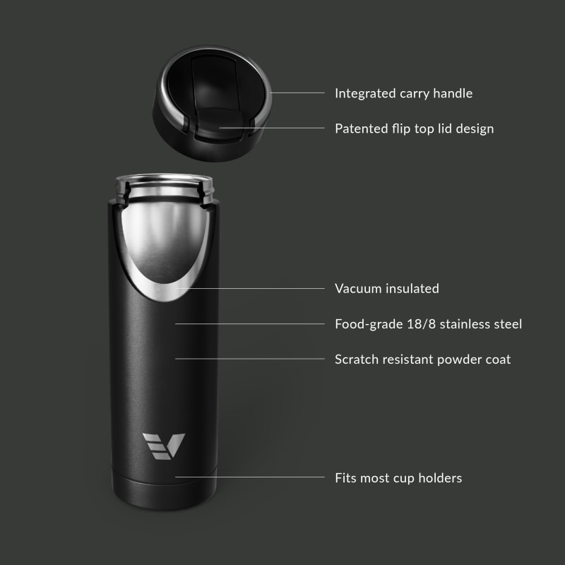 Ever Vessel Maxi vacuum insulated stainless steel water bottle with key features text - black