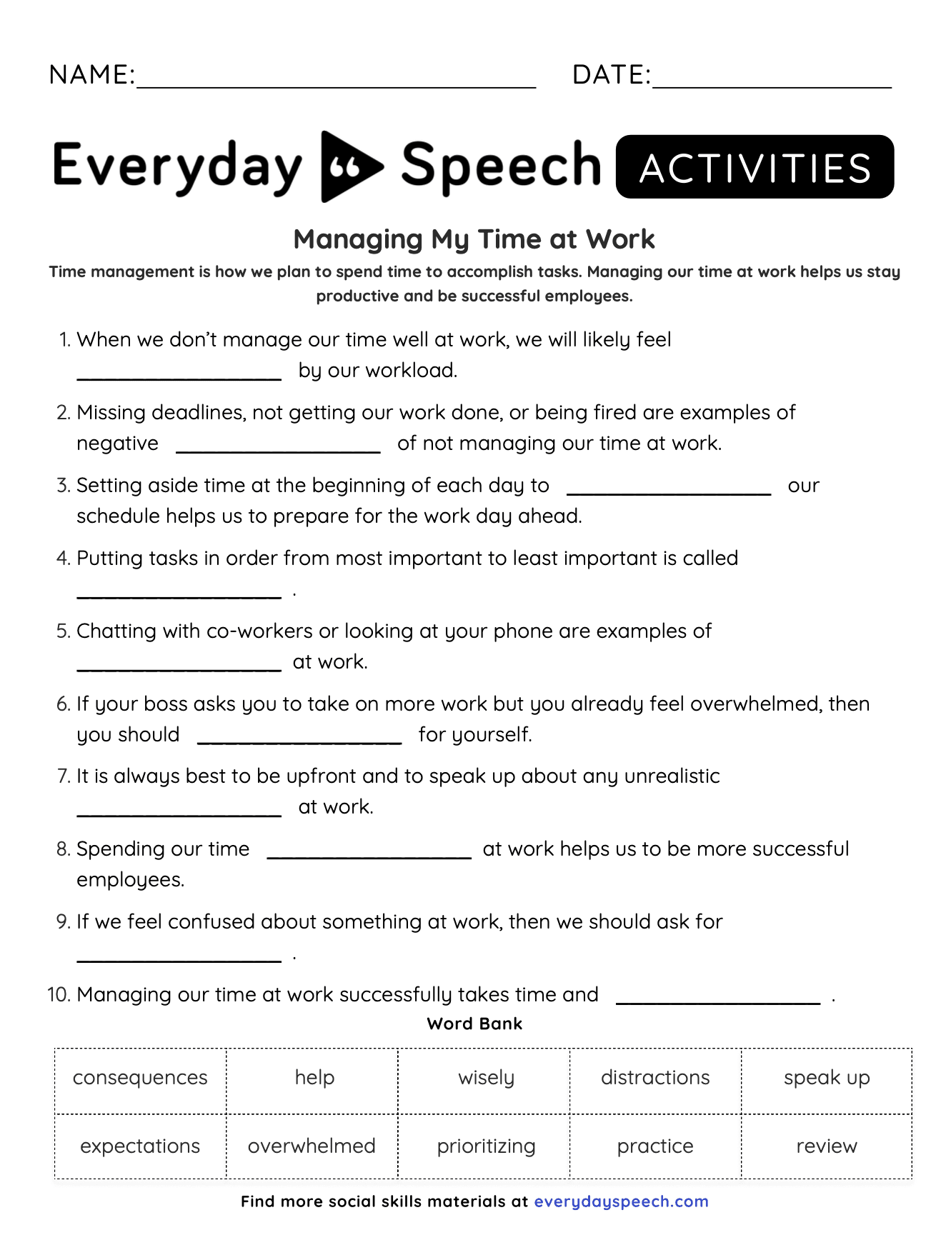 Free Worksheet on Managing Time at Work | Everyday Speech