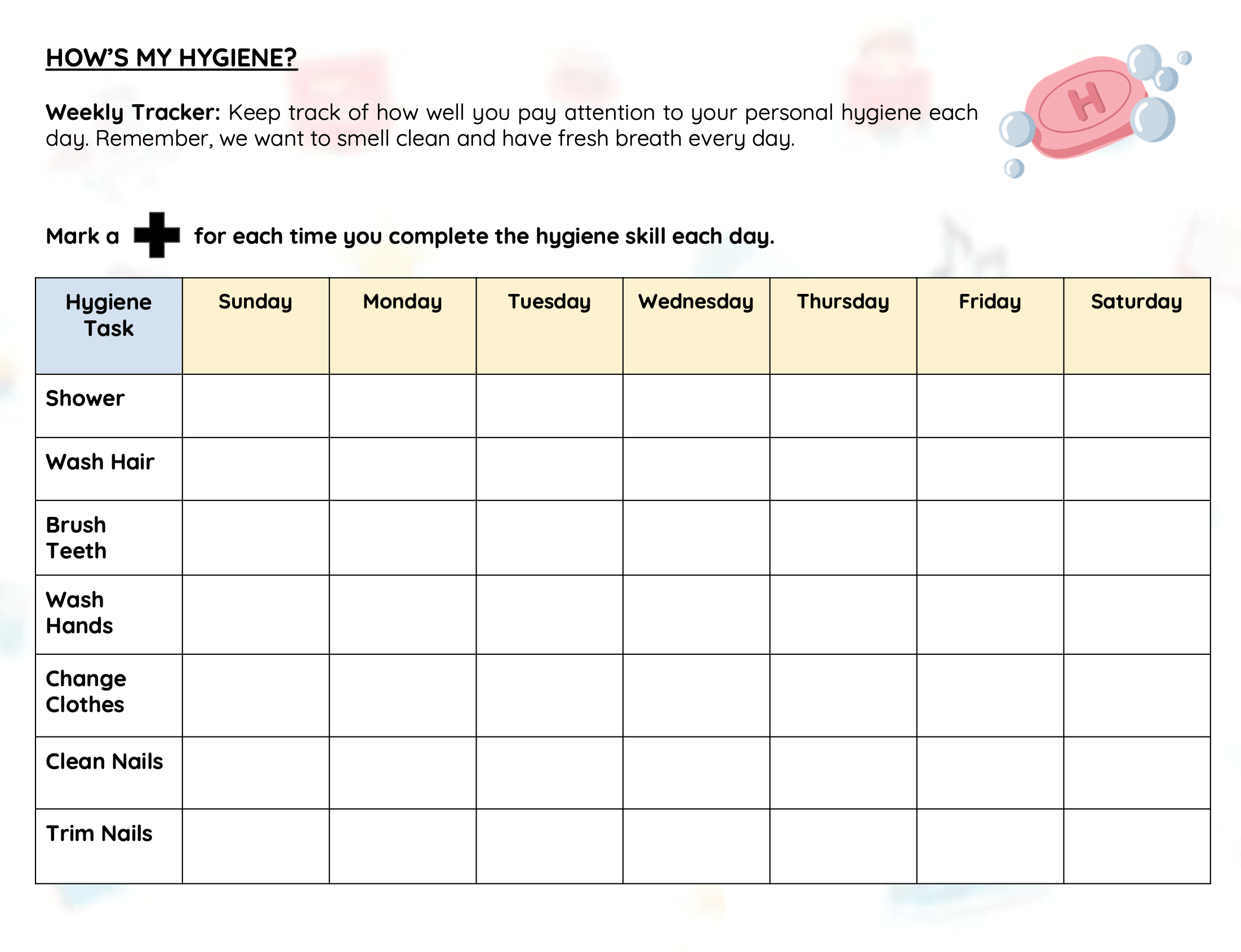 Free Visual Hygiene Weekly Tracker | Everyday Speech
