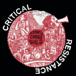 "Visualizing Dismantle, Change, Build" by Erik Ruin, commissioned for Critical Resistance. Black, white, and red collage of images of people organizing and mobilizing.