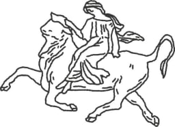 A drawing of the mythical Europe riding a bull.