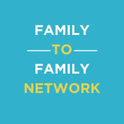 Blue circle with white & yellow words Family to Family Network