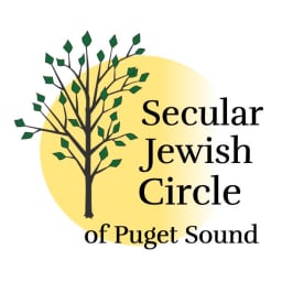 Secular Jewish Circle's logo sits on top of a large yellow sun. There is a tree on the left side of the sun, and the name of the organization over the right side of the sun.