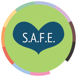 Circle with diversty flag at the edges, says "S.A.F.E."