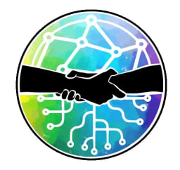 Logo for the Institute for Secure Activism: two hands clasping over a network diagram and circuit trace