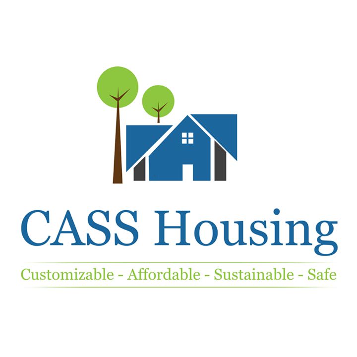 A block-style graphic of a blue house with two green trees behind it. Text says CASS Housing: Customizable, Affordable, Sustainable, Safe