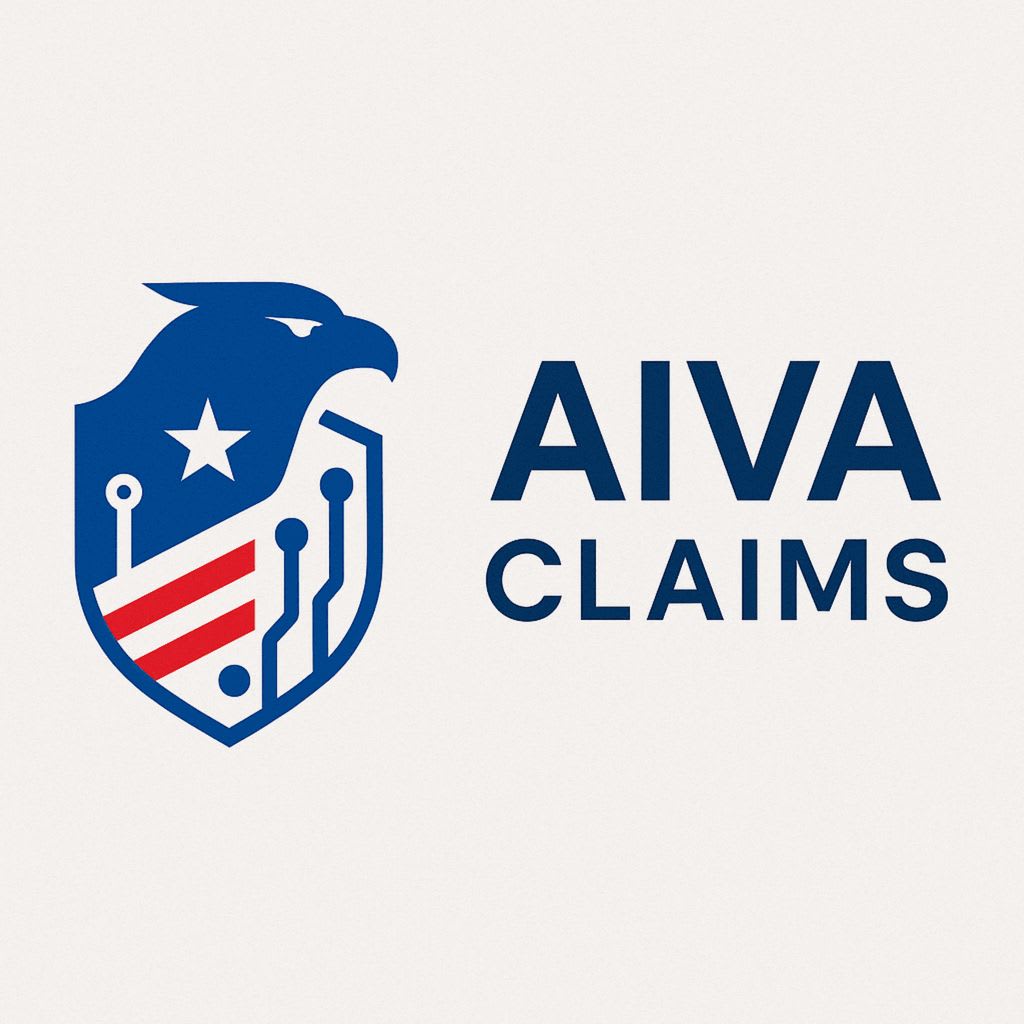 AIVA Claims logo: blue eagle and shield emblem with red and white stripes