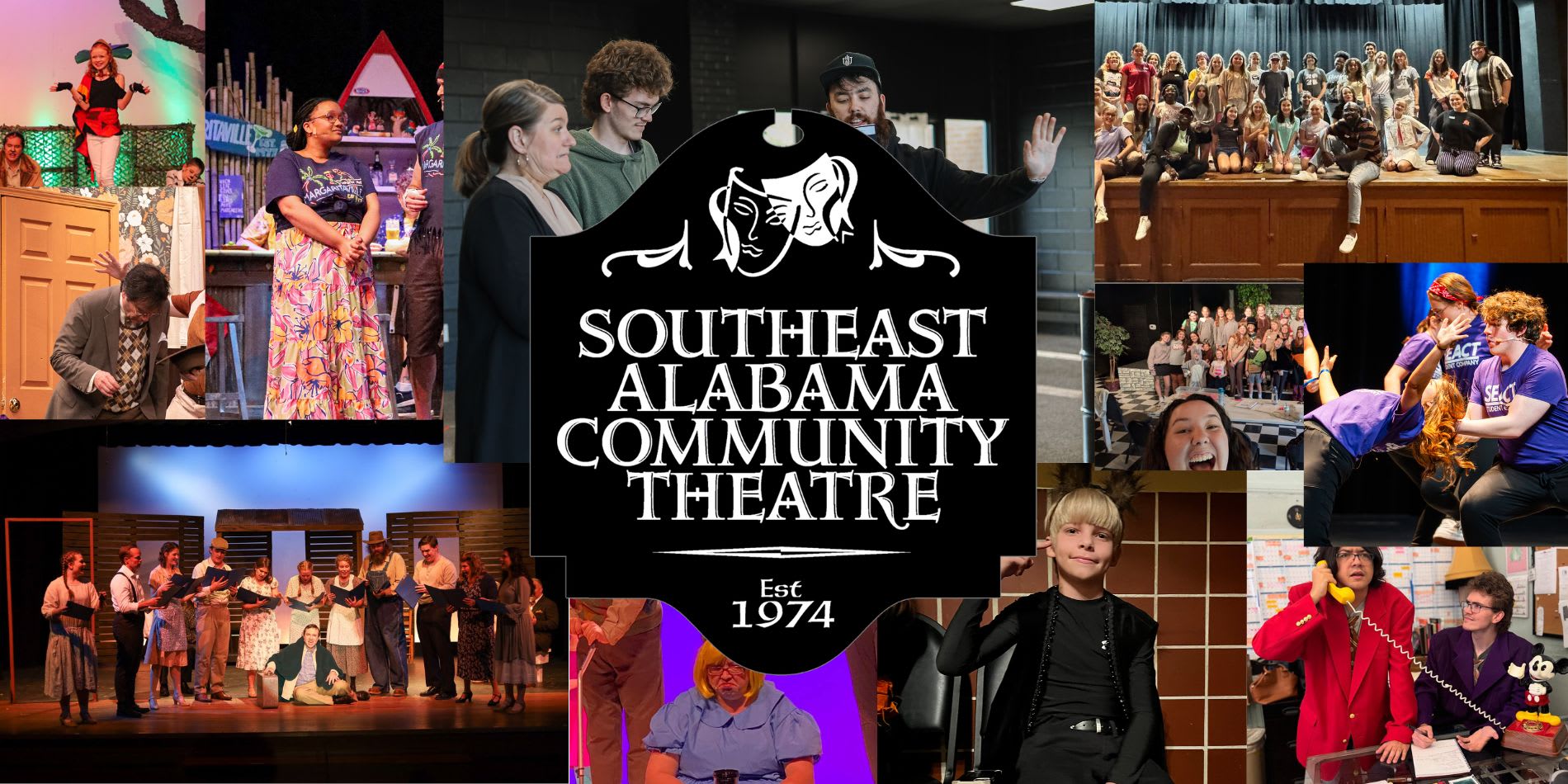 Variety of photos with people engaged in theatre including children and adults in costume, dancing, and performing.