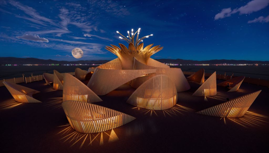The Temple of the Moon glows in the moonlight at Burning Man 2026 in this computer generated rendering