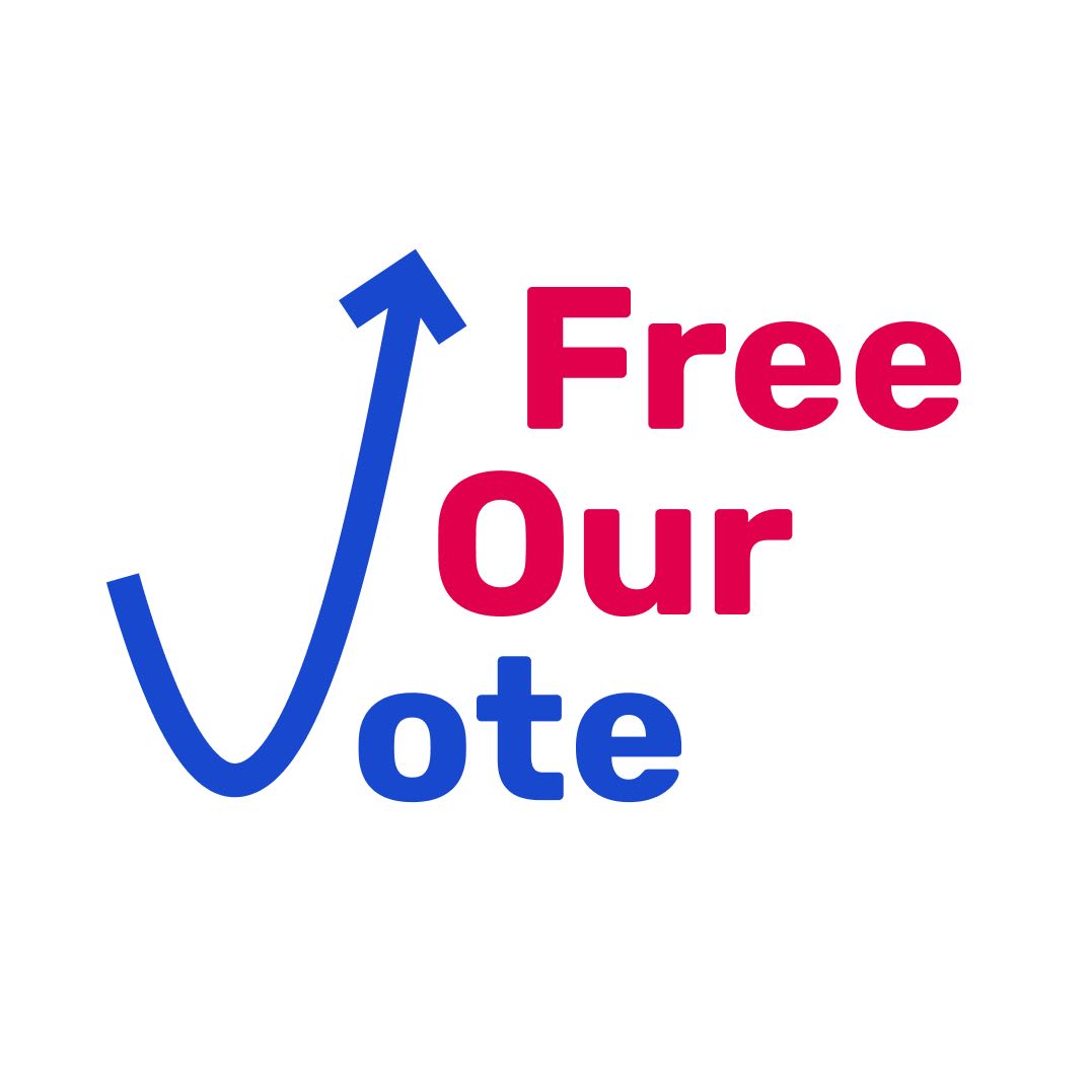 Free Our Vote logo with blue checkmark arrow and red and blue text.