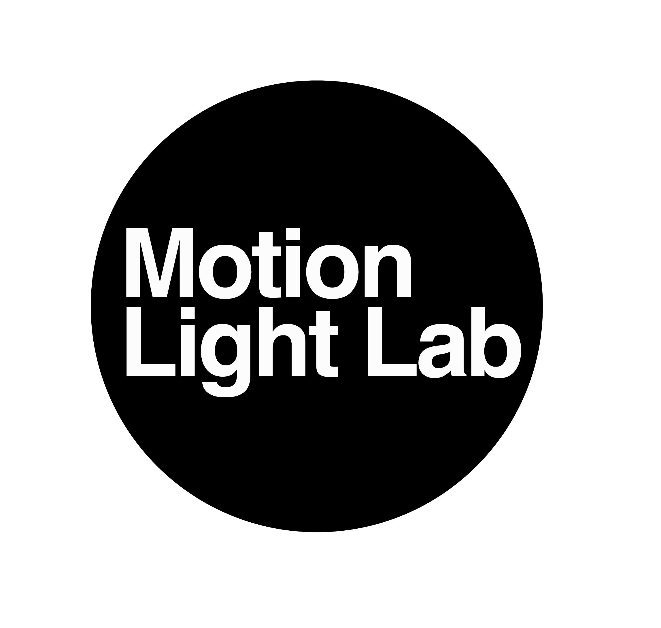 Black circle with white bold letters Motion Light Lab