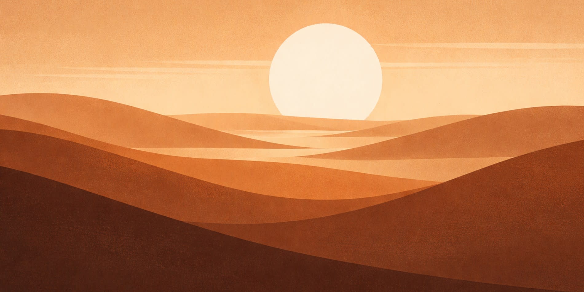 An illustrated desert landscape of rolling dunes in warm ochre and terracotta tones, with a pale sun low on the horizon