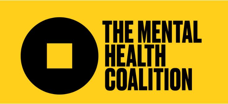 A bright yellow background with the MHC logo (a black circle with a square cut out of the middle) with "The Mental Health Coalition" next to it in black capital letters.