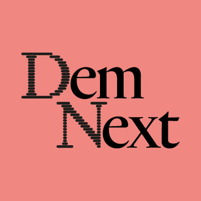 'DemNext' logo with black text on pink background