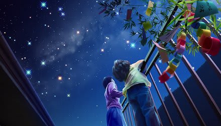 Illustration of children observing the stars from a balcony.