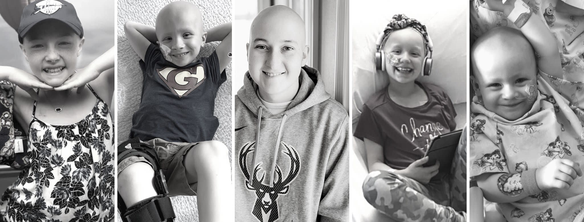 Black and white photos of 5 children who have battled Ewing Sarcoma. 