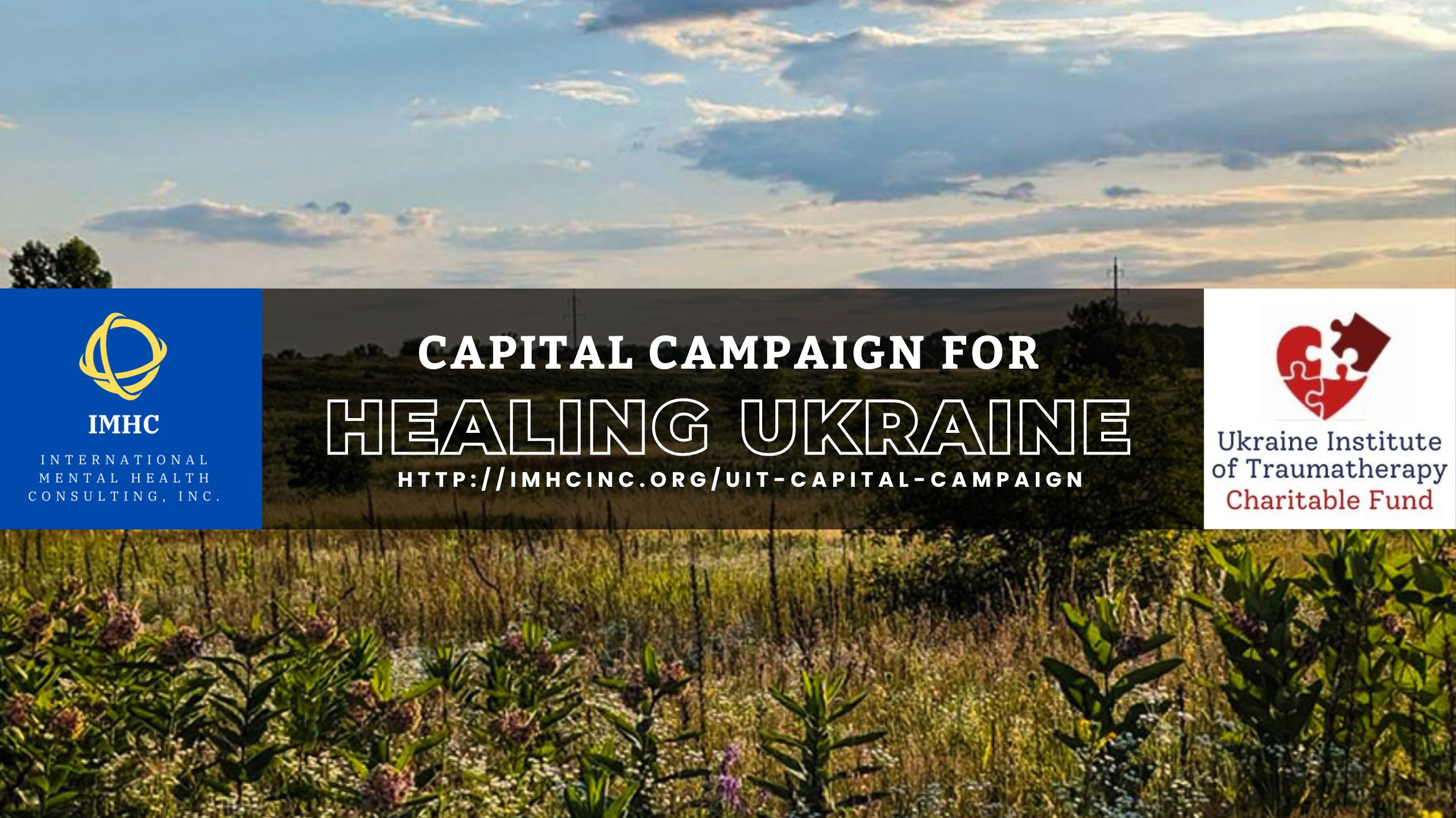 a field in Ukraine, logos for IMHC and UIT