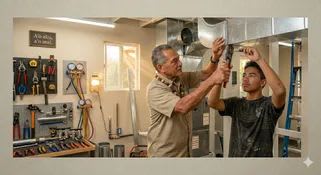 A trades mentor teaching a young apprentice mechanical work in a workshop