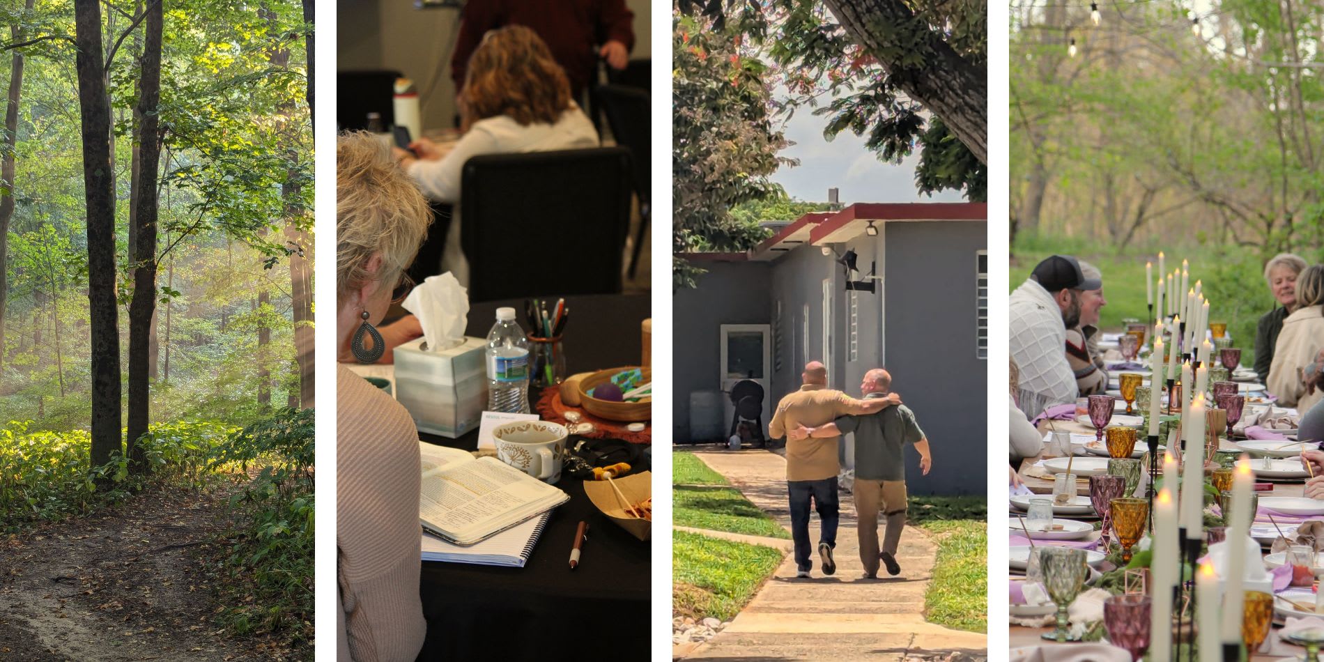 forest path, people looking at notebooks around a table, two men walking arm in arm, a beautiful dinner table in the forest