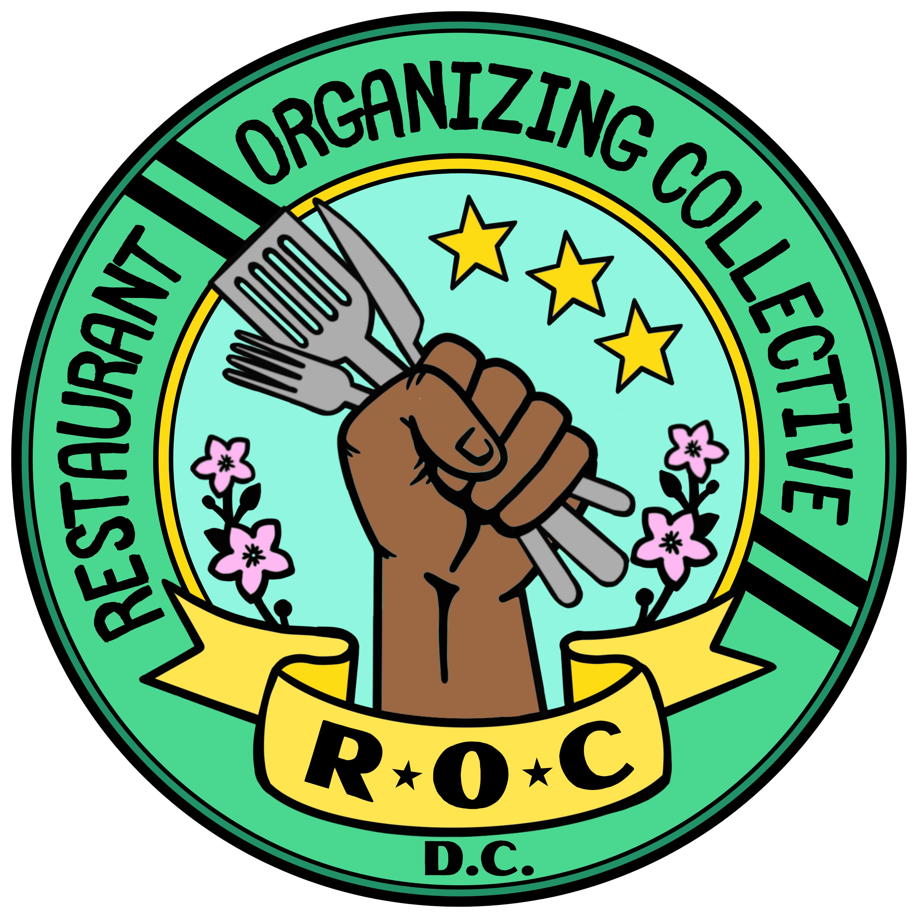 ROC Logo with a brown fist holding utensils. Three yellow straws above and pink cherry blossoms on each side
