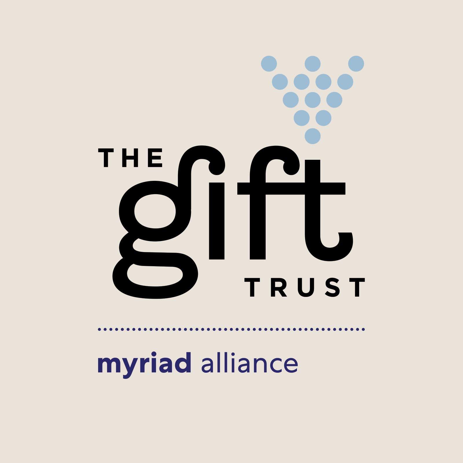 The Gift Trust's word mark, with the phrase "Myriad Alliance" below it in lower case, on a sand-grey background.