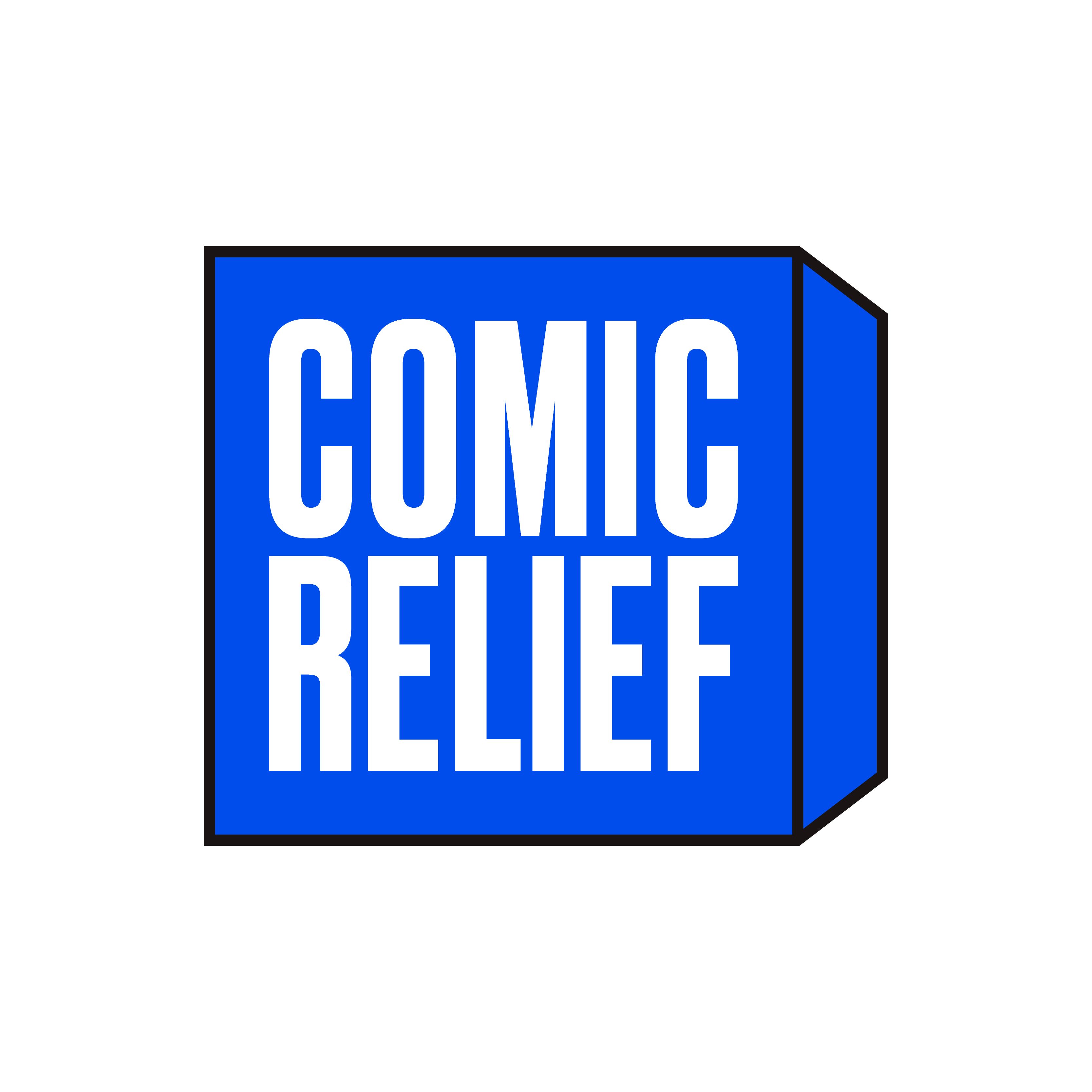 The logo shows the text Comic Relief in white on a blue background.