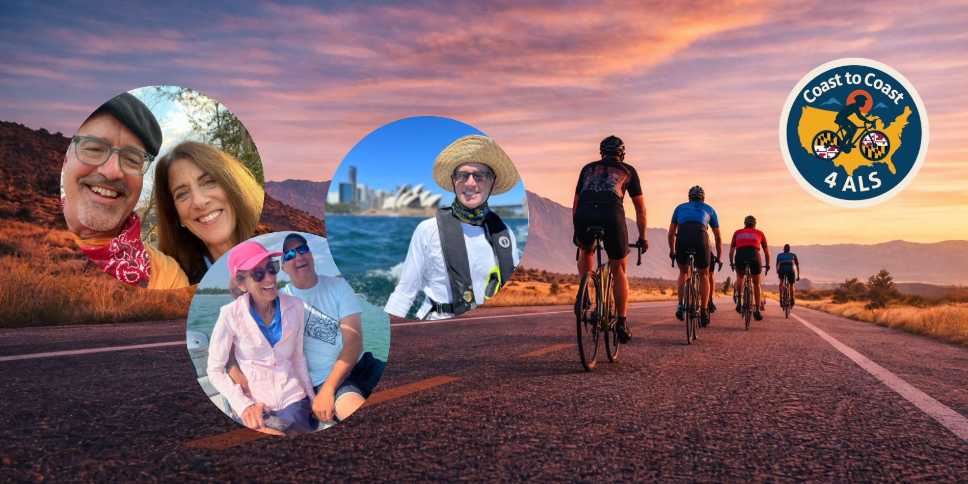 Team Laura riders - Rex, Todd and Scott, Cyclists, and C2C4ALS logo
