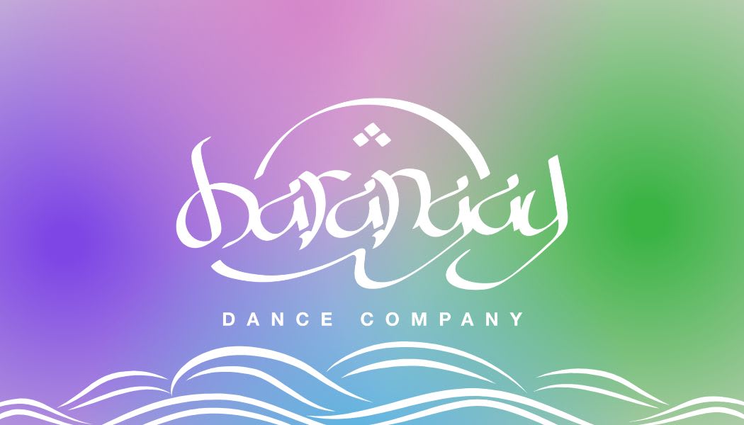 Barangay Dance Company logo over a background of purple, pink, blue, and green colors, bordered by white waves underneath.
