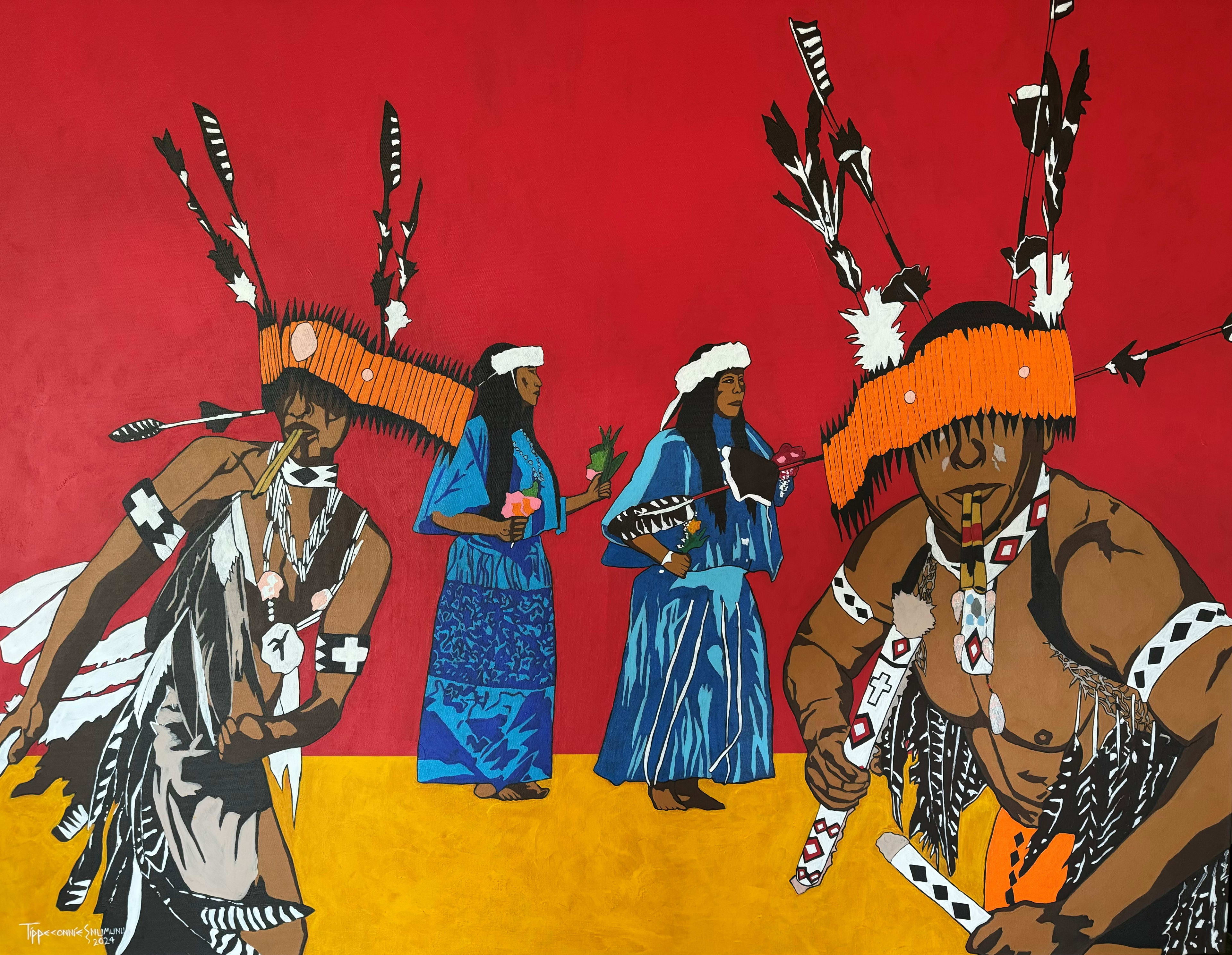 A painting of Pomo dancers by Eric Tippeconnic (Comanche)
