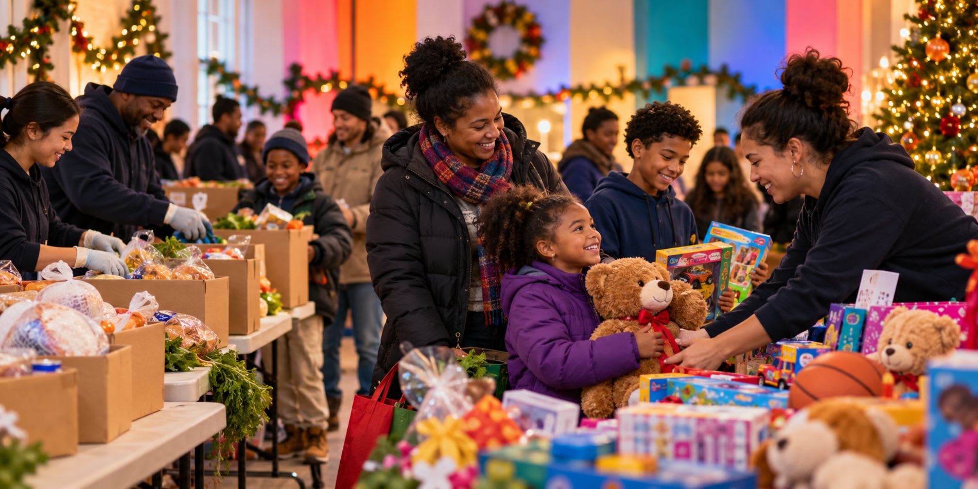 Families and volunteers at a holiday distribution with grocery boxes and toys for children