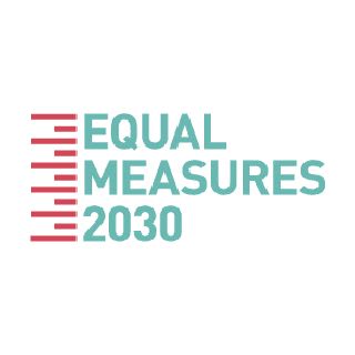 Logo image that reads Equal Measures 2030 in turquoise blue, with pink lines on the left of the text representing data 