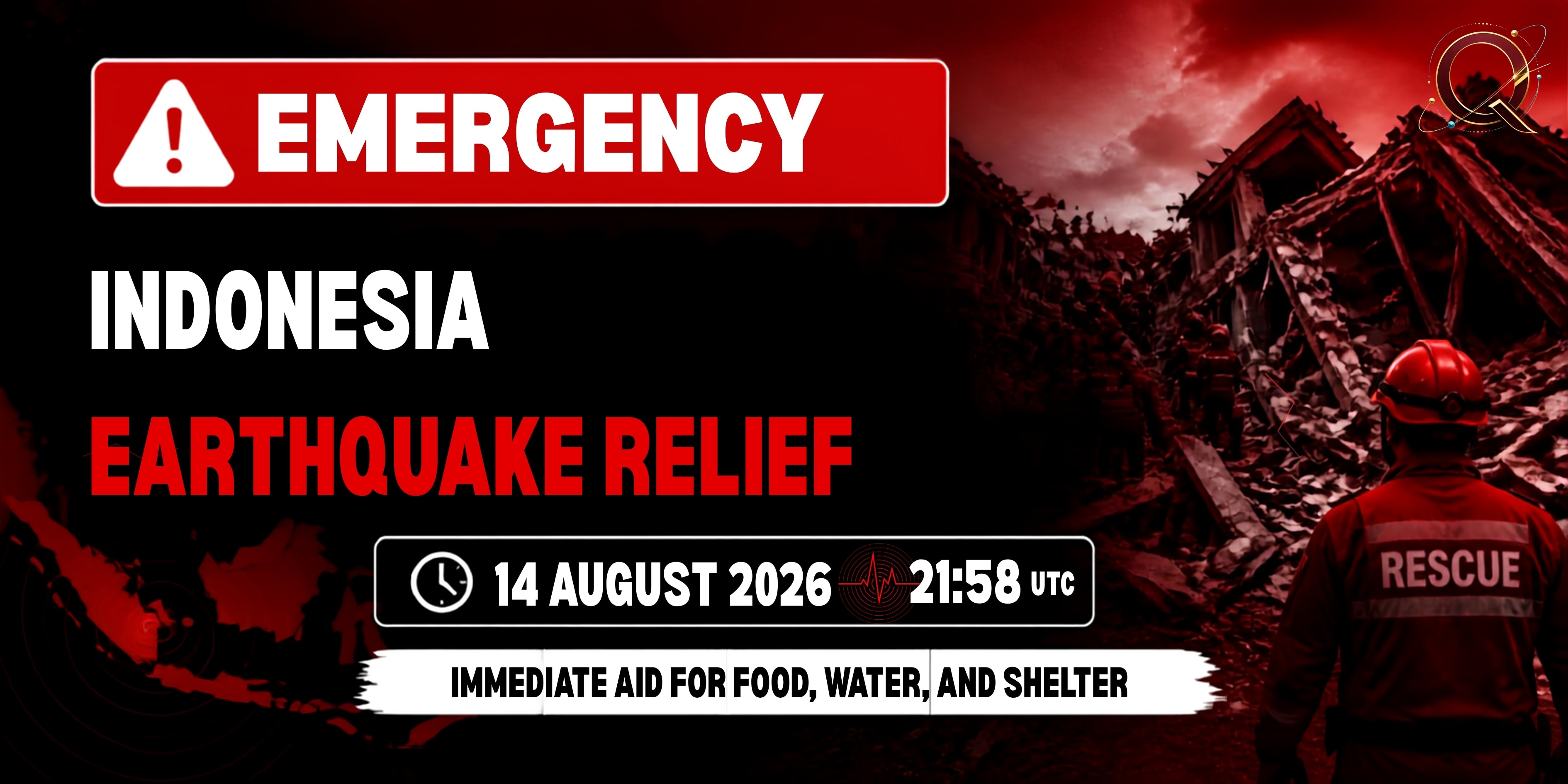 Emergency appeal graphic for the 14 August 2026 Indonesia earthquake, showing the date and time of the quake and the words Indonesia Earthquake Relief.