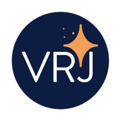 A blue circle with the letters VRJ in white with a yellow north star illustration above