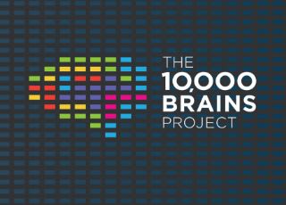 Picture of a pixelated brain in multiple colors, with text next to it that reads “The 10,000 Brains Project