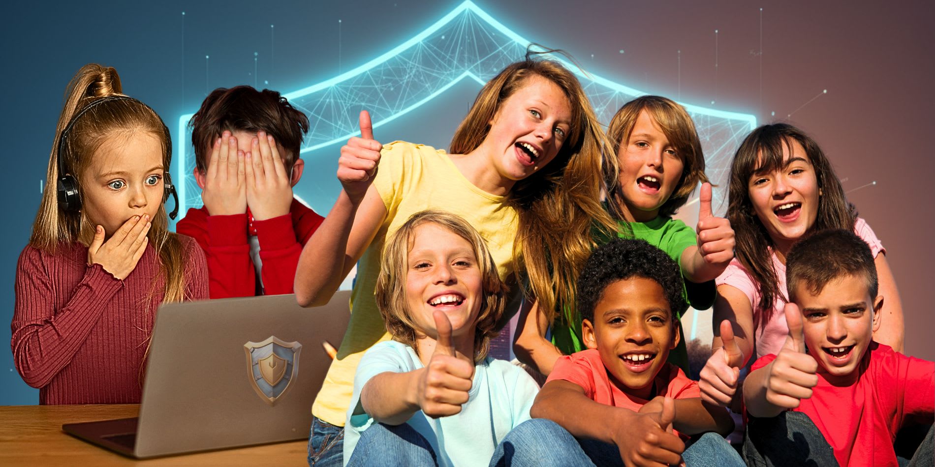 Group of children with adult looking at laptop. They are all shocked by what they see.