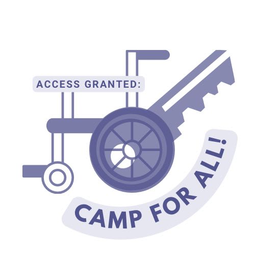 Our nonprofit logo is a lavender color and is the shape of a wheelchair with the big wheel and back support doubling as a key. Our name "Access Granted" is on the arm rest and the phrase "Camp for All" is under the wheelchair.
