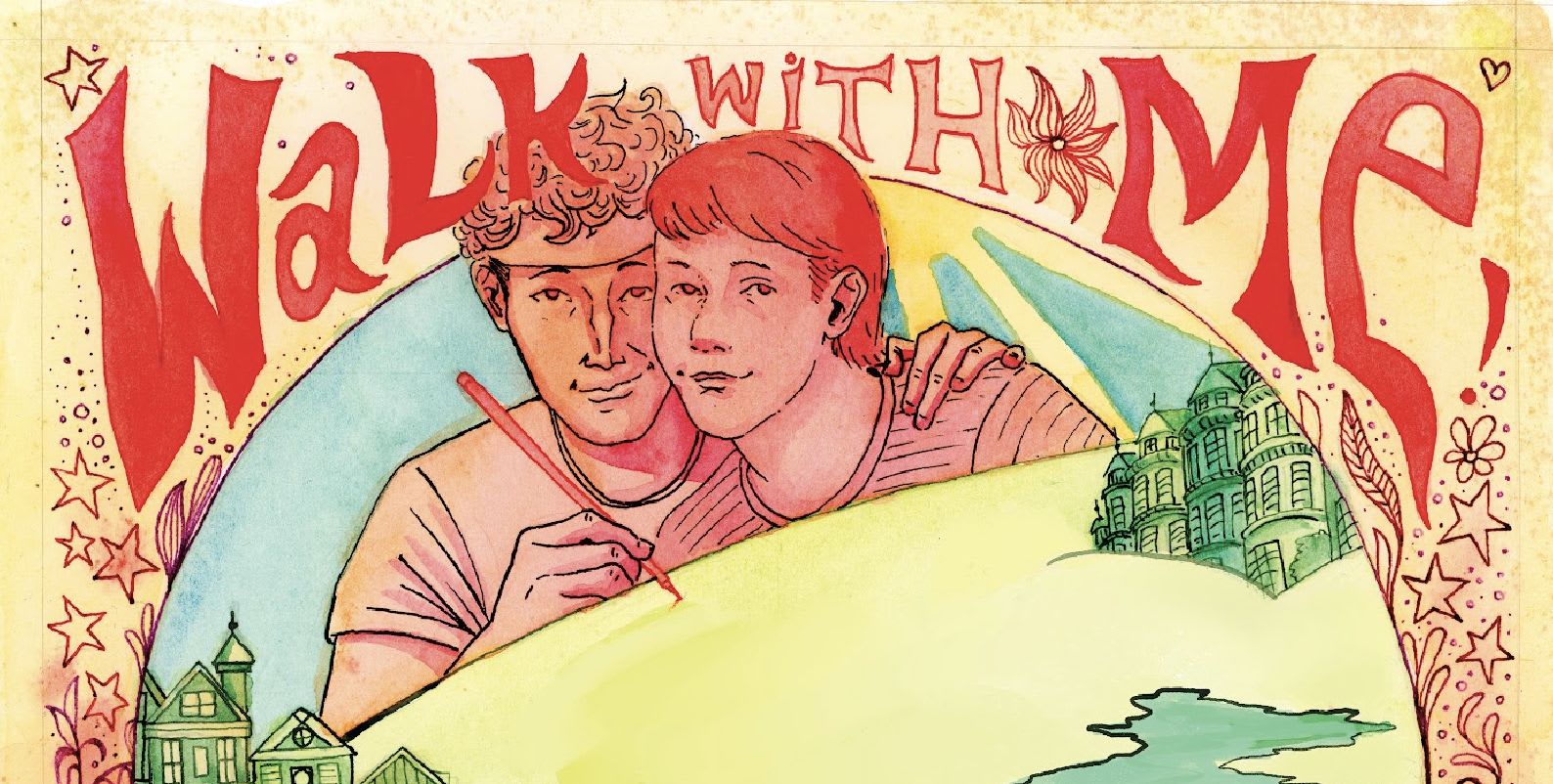 Walk with Me logo drawing showing a pair of young men in the Haight Ashbury during the hippie heyday.