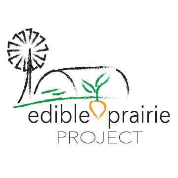 Edible Prairie Project logo featuring a high tunnel, windmill, and carrot. 