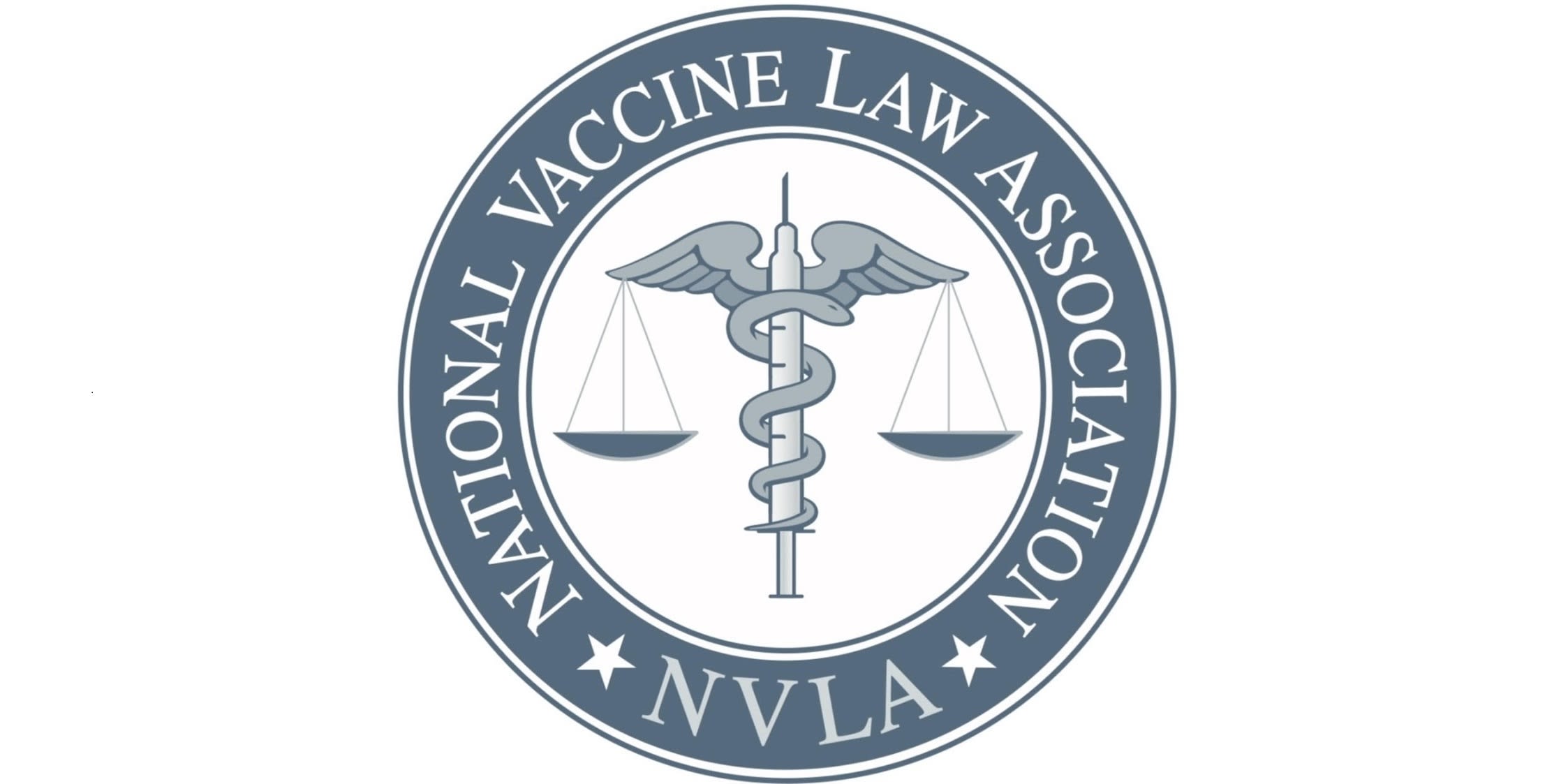 Logo for the National Vaccine Law Association (NVLA). An outer ring contains the name of the organization. At the center is a combined symbol of law and medicine: a syringe forming a vertical staff, wrapped by a snake like a caduceus, with balanced justice scales extending from each side.
