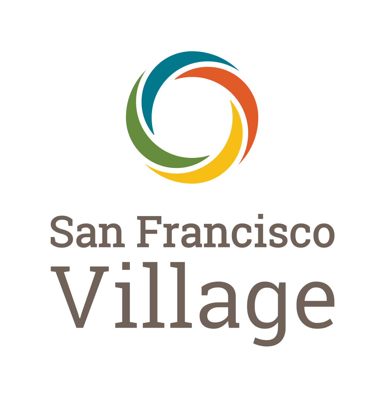 Logo for San Francisco Village, featuring a circular swirl of four colorful arcs in teal, orange, yellow, and green above the text 'San Francisco Village' in brown.
