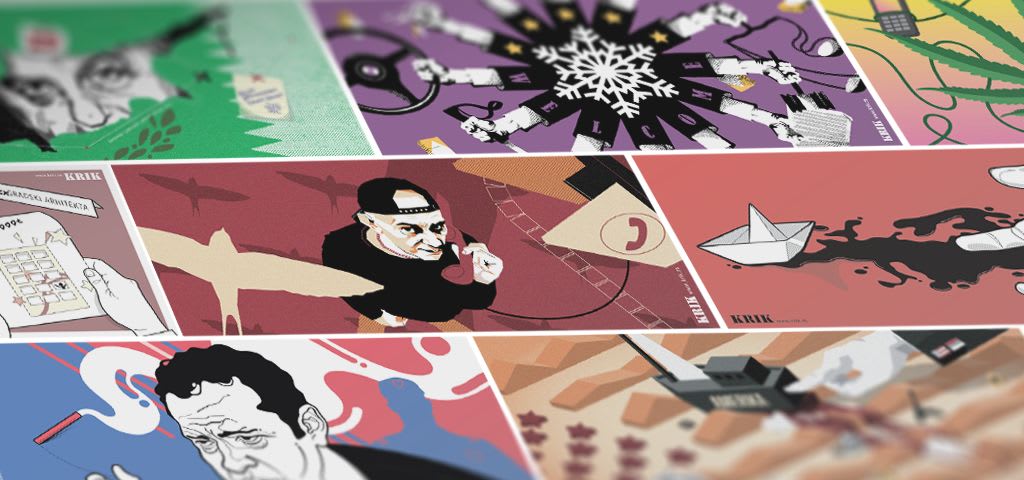 A colorful collage of editorial illustrations of KRIK's most influential stories.